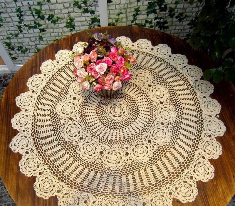 Damanni Beige Cotton Handmade Crochet Lace Tablecloth Doilies Table Overlay,Round,35 Inch - Image 1